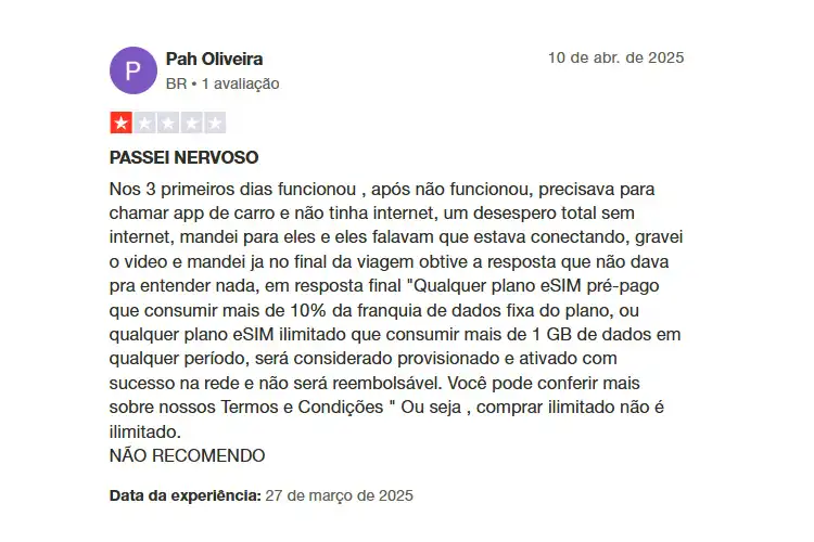 Captura de tela do Trustpilot com reclamações sobre Maya eSIM