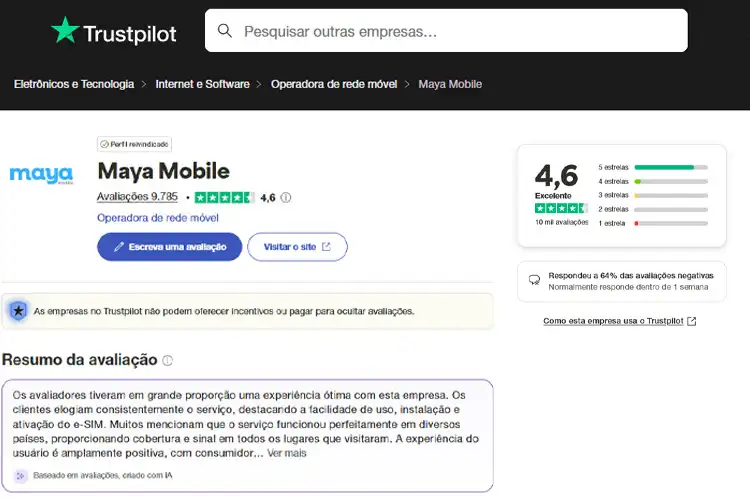 Print do perfil do Maya eSIM no Truspilot com nota da empresa