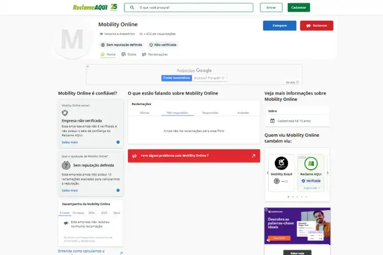 Perfil da Mobility Online no Reclame Aqui