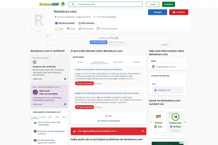 Perfil RentalCars no Reclame Aqui, um dos melhores sites para aluguel de carro