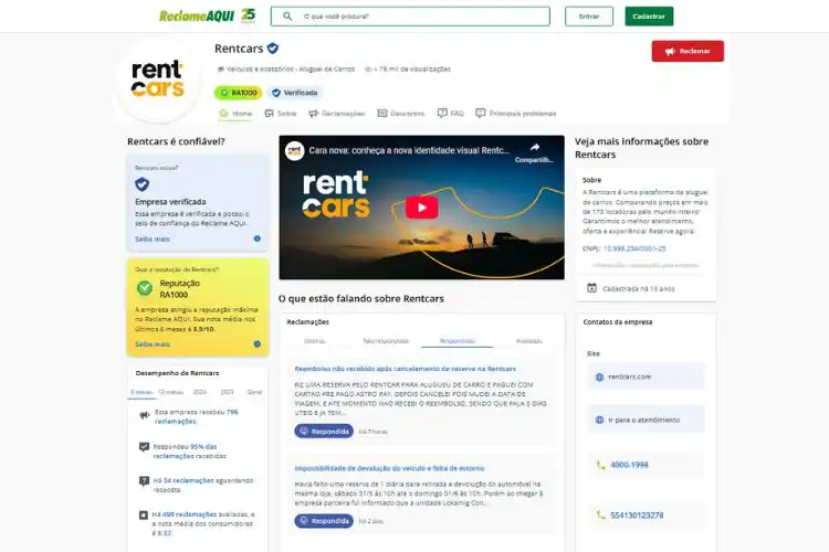 Perfil da RentCars no Reclame Aqui
