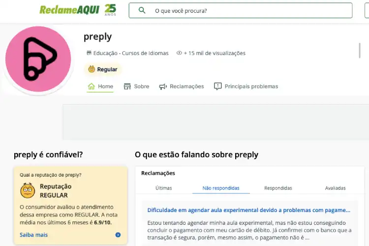 Print da nota e avaliações da Preply no site Reclame Aqui em de 2025