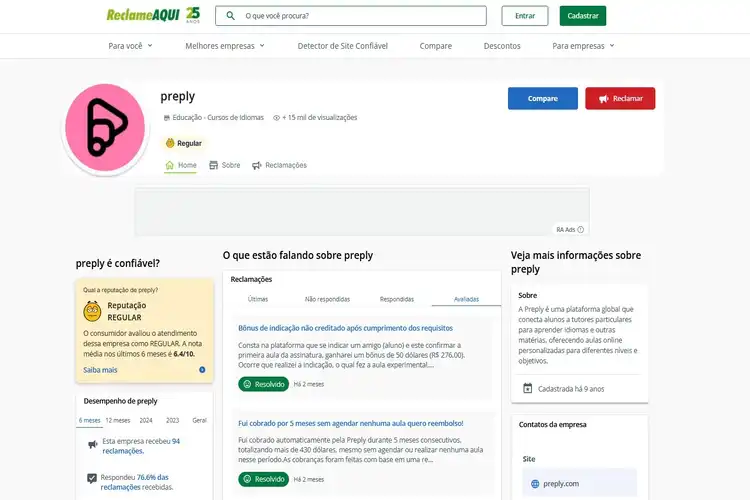 Reputação Preply no reclame aqui