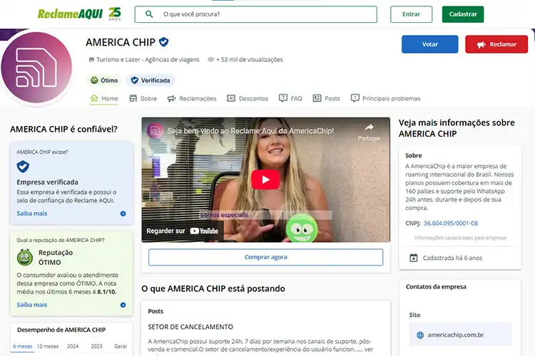 Perfil da America Chip em portal de reclamação