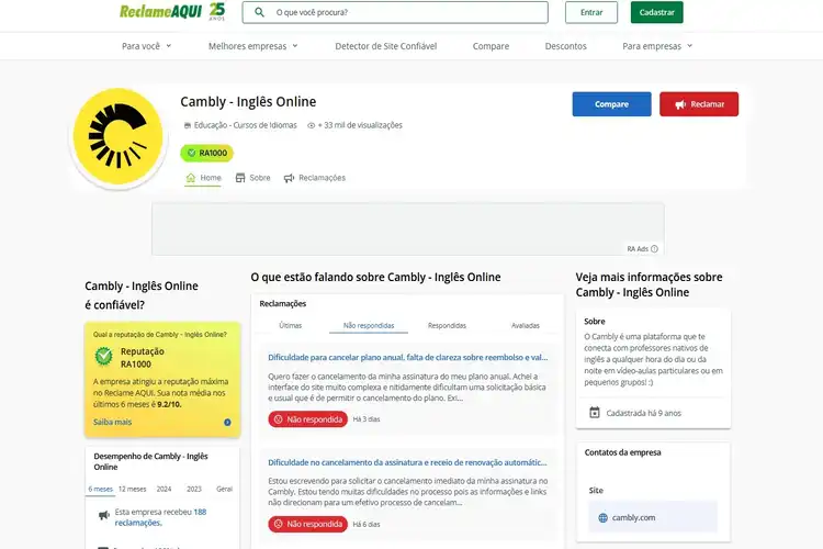 Reputação Cambly reclame aqui