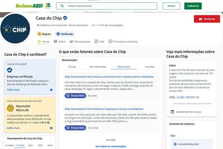 Perfil da Casa do Chip em portal de reclamação