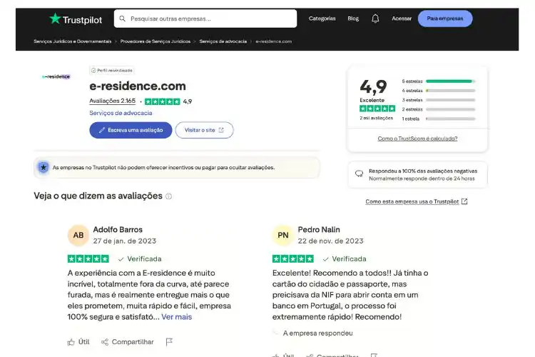 Print do perfil da e-residence no Trustpilot
