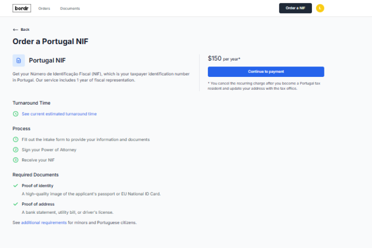 Detalhes de solicitação do NIF