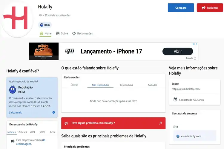Print da Holafly no site Reclame Aqui