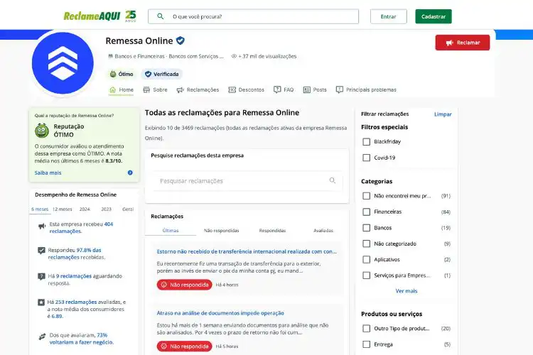 Print do perfil da Remessa Online no Reclame Aqui
