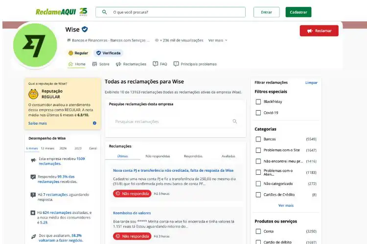 Print do perfil da Wise no Reclame Aqui