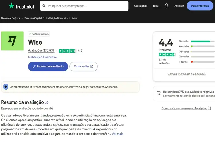 Wise site Trustpilot