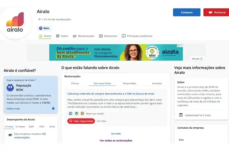 Print do perfil da Airalo no Reclame Aqui