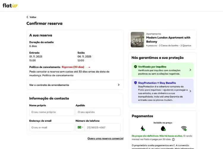 Página da Flatio mostra resumo da reserva com datas.