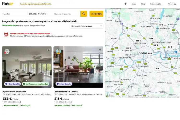 Site mostra apartamentos disponíveis para aluguel em Londres, com mapa