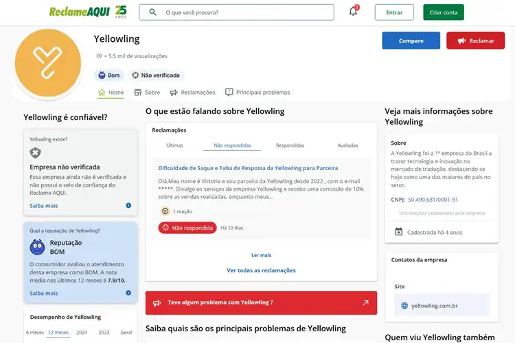 Avaliação da Yellowling no Reclame Aqui