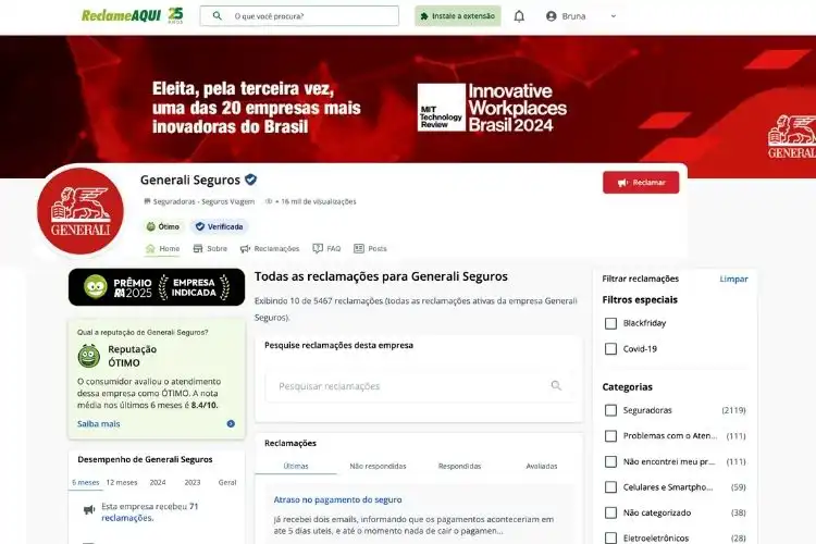 Captura de tela do perfil da Generali Seguros no Reclame Aqui.