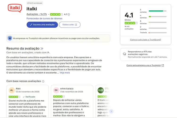 Perfil do Italki no Trustpilot