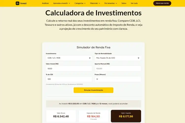 Print site da Nomad na calculadora de investimentos