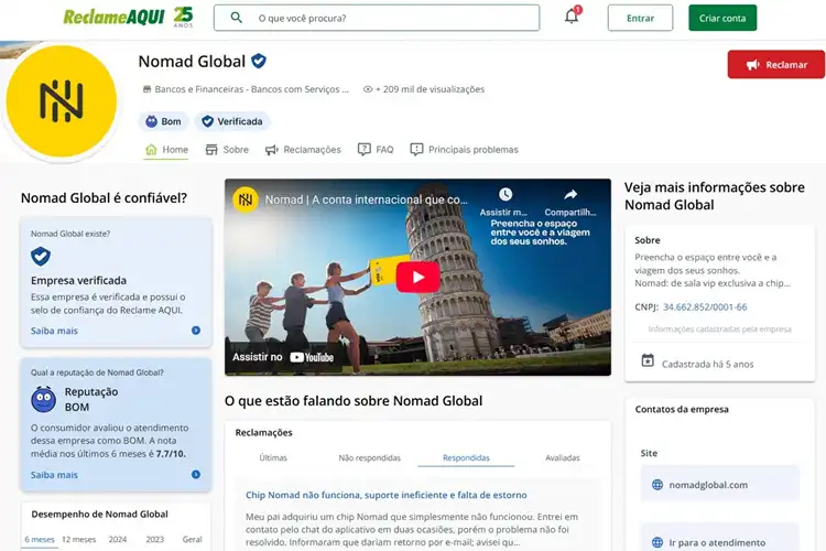 Perfil da Nomad no Reclame Aqui