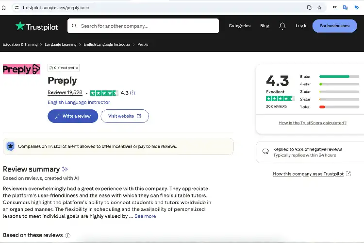 Avaliação da Preply no Trustpilot.