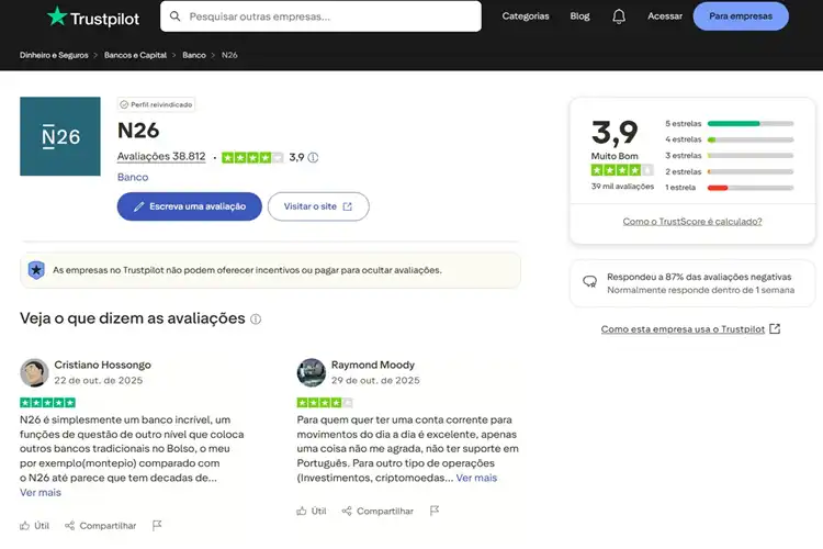Avaliação do Truspilot do N26