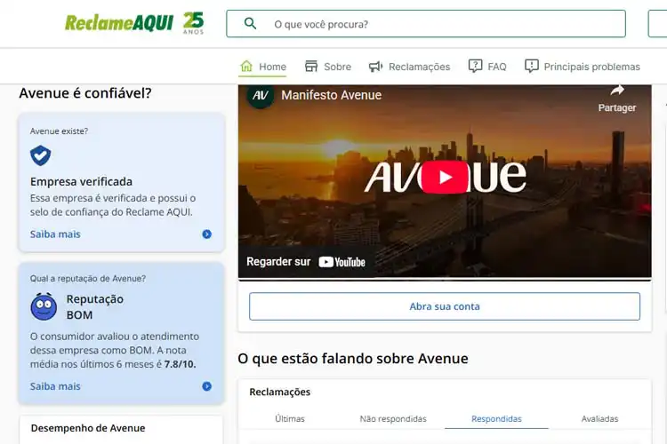 Captura de tela do site Reclame Aqui, página da Avenue