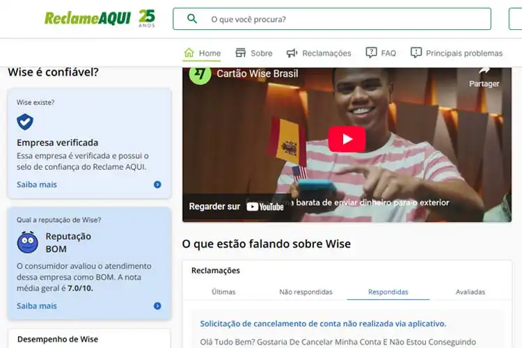 Captura de tela do perfil da Wise no Reclame Aqui