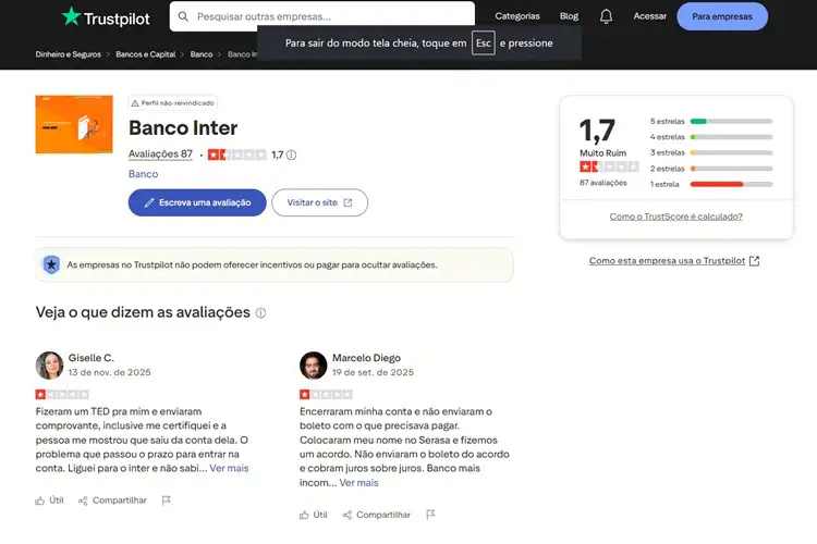 Avaliação do Banco Inter no Truspilot.