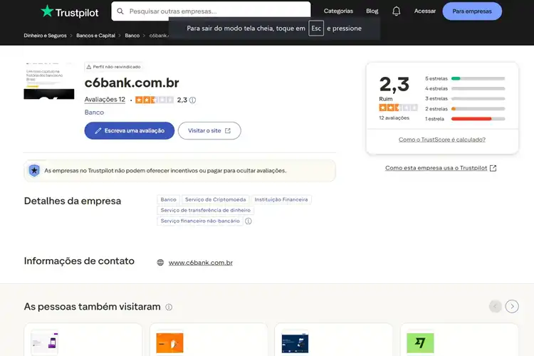 Avaliação do C6 Bank no Truspilot.