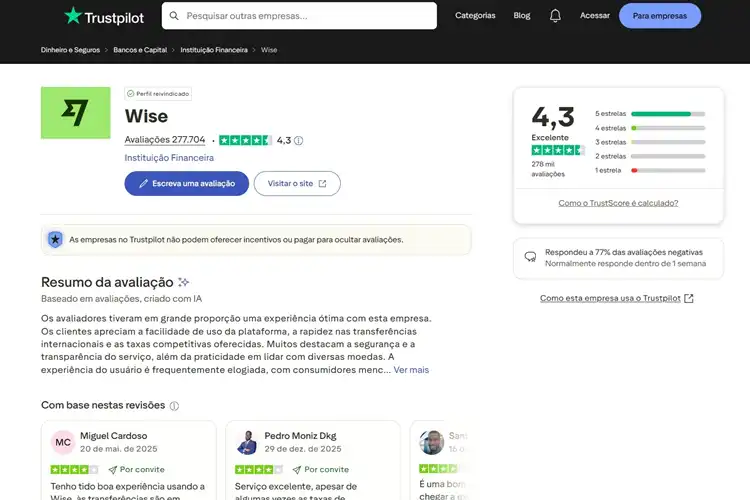 Avaliação da Wise no Truspilot