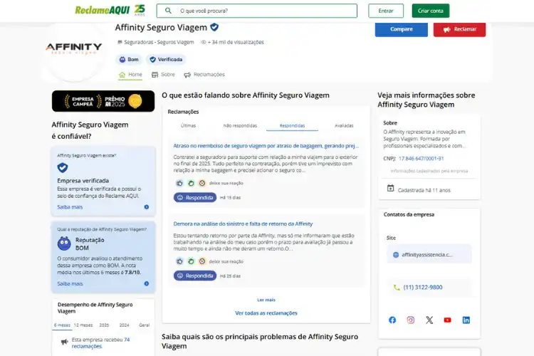 Perfil da seguradora Affinity no Reclame Aqui