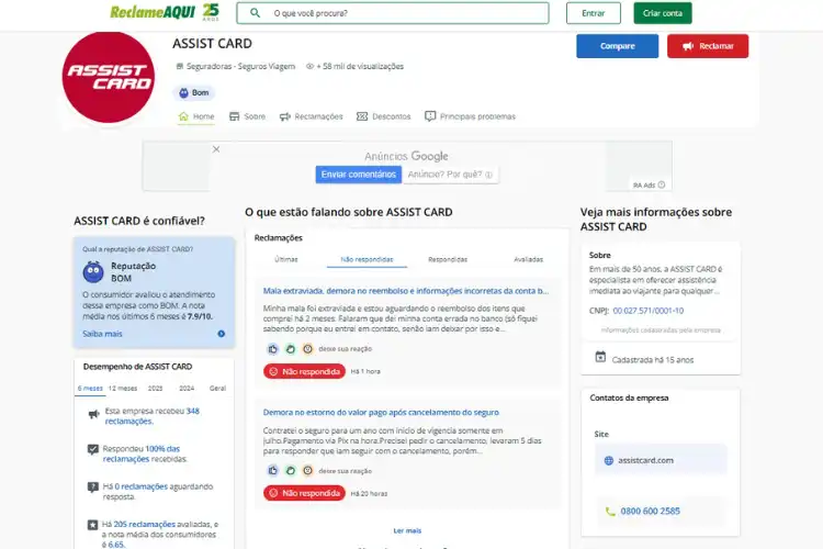 Perfil da seguradora Assist Card no Reclame Aqui
