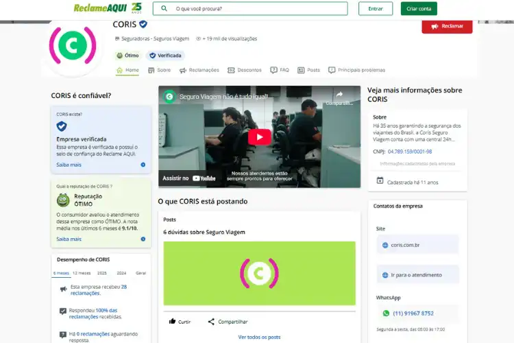 Perfil da seguradora Coris no Reclame Aqui