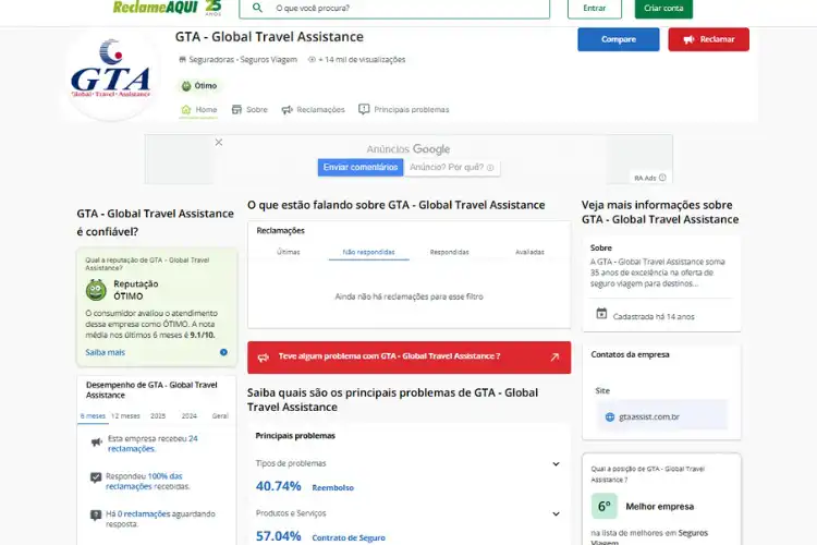 Perfil da seguradora GTA no Reclame Aqui