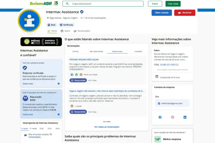 Perfil da seguradora Intermac no Reclame Aqui