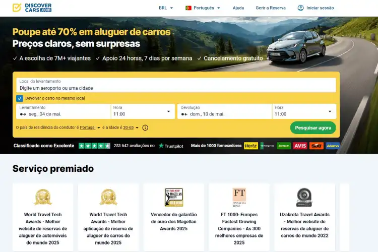 Página inicial do site da DiscoverCars