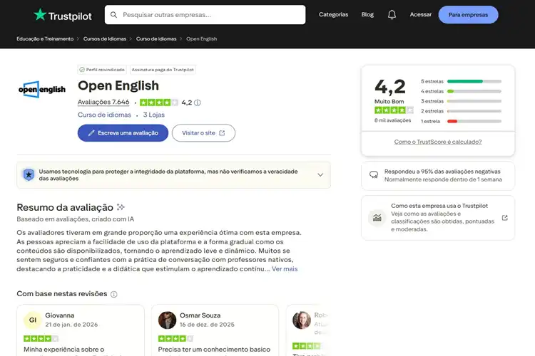 Avaliação da Open English no Trustpilot.