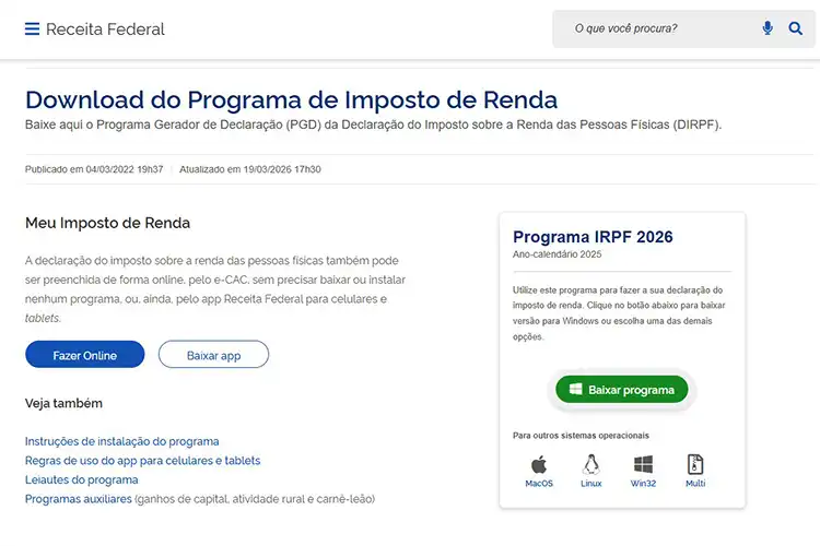 Print da tela no site da Receita Federal para download do programa de imposto de renda