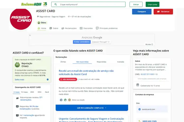 Página da Assist Card no Reclame Aqui