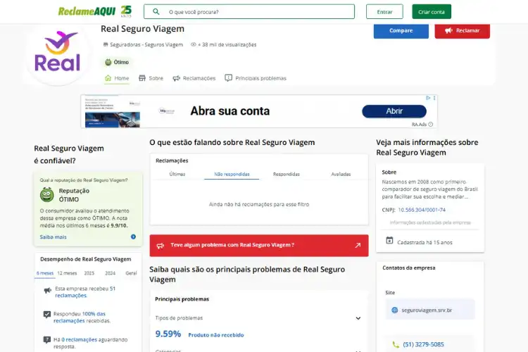 Perfil do Real Seguro Viagem no Reclame Aqui