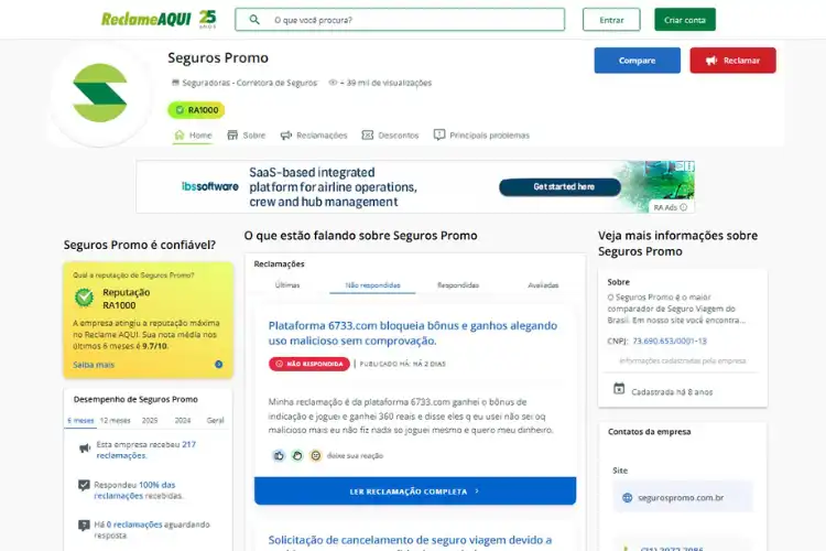 Perfil do comparador de seguro viagem Seguros Promo no Reclame Aqui