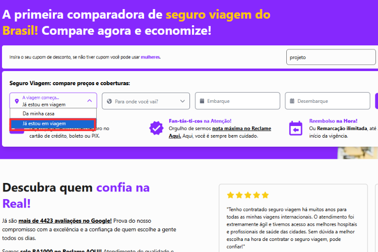 Print da tela inicial do Real Seguro Viagem