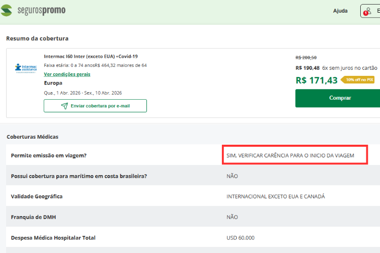Perfil dos detalhes da cobertura do plano no Seguros Promo