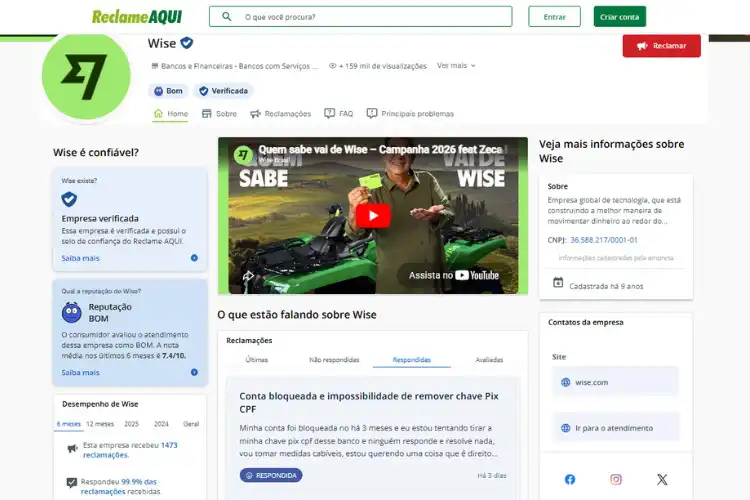 Perfil da Wise no Reclame Aqui em 2026