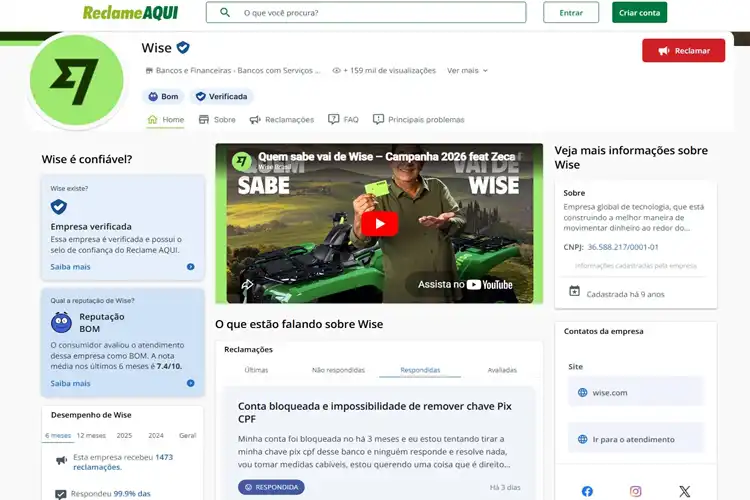 Perfil da Wise no Reclame Aqui