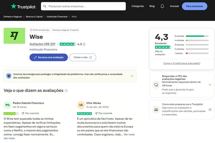 Avaliação da Wise no Truspilot.