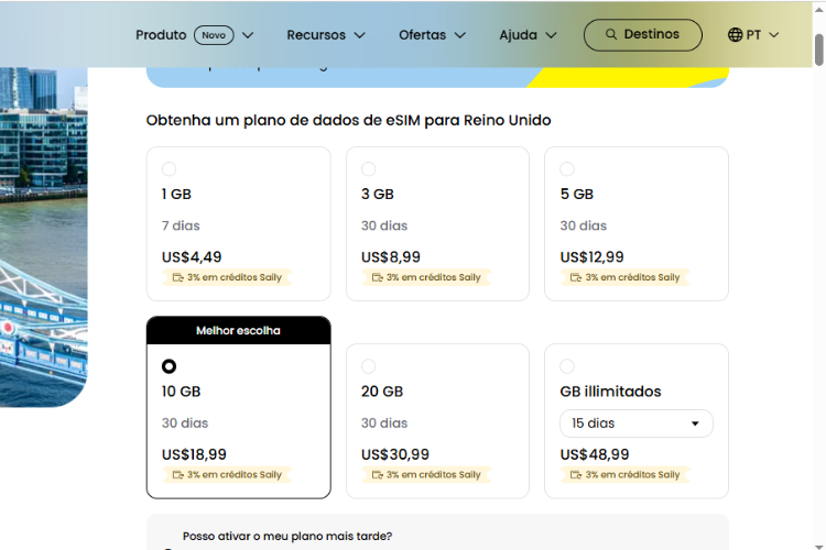 Página de planos de celular internacional