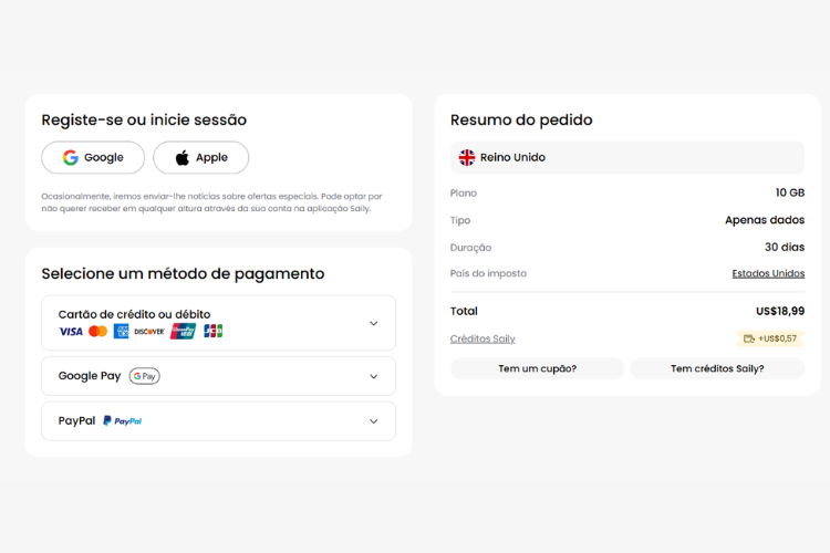 Página de checkou do Saily
