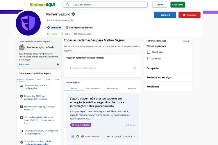 Página do Melhor Seguro no Reclame Aqui sem reputação definida na plataforma.